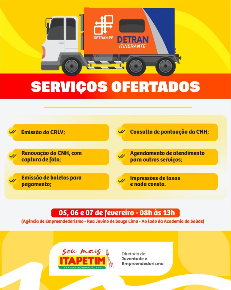 Detran Itinerante chega a Itapetim nos dias 5, 6 e 7 de fevereiro