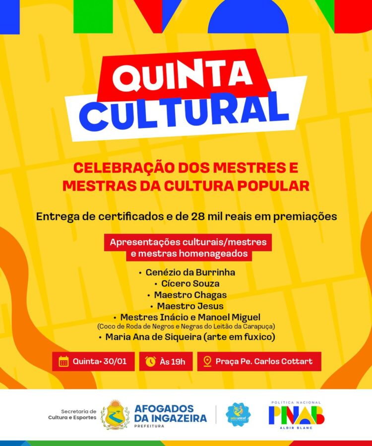 Quinta cultural vai homenagear mestres e mestras da cultura popular em Afogados