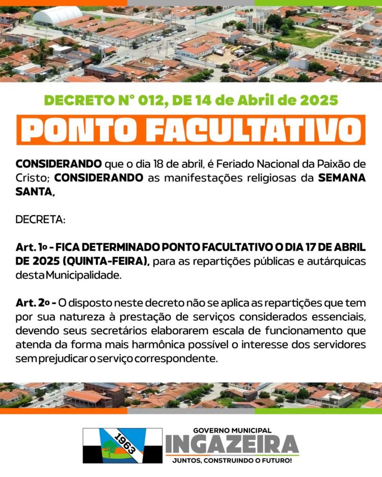 Decreto institui ponto facultativo em Ingazeira para o dia 17 de abril