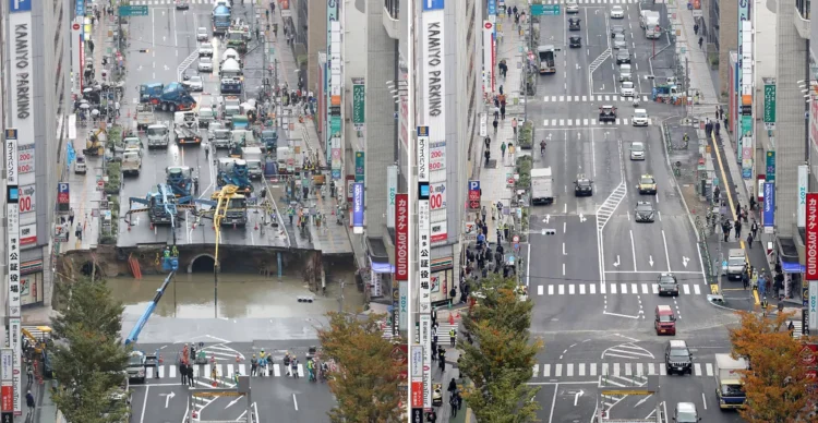 Em 2016, cratera imensa em via no Japão é consertada em dois dias e estrada totalmente restaurada em uma semana