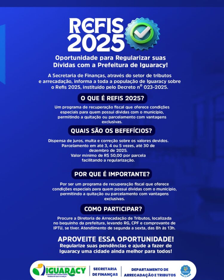 Prefeitura de Iguaracy lança Refis 2025 para regularizar dívidas municipais