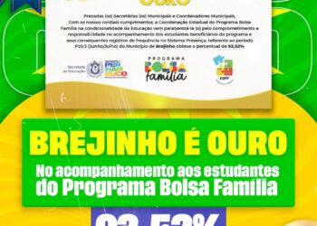 Brejinho conquista Selo Ouro no acompanhamento de estudantes do Bolsa Família com 93,25% de excelência