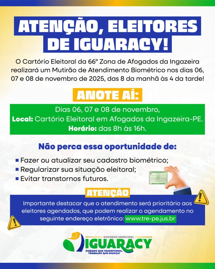 Mutirão de Atendimento Biométrico voltado aos eleitores do município de Iguaracy será realizadonos dias 06, 07 e 08 de novembro em Afogados da Ingazeira