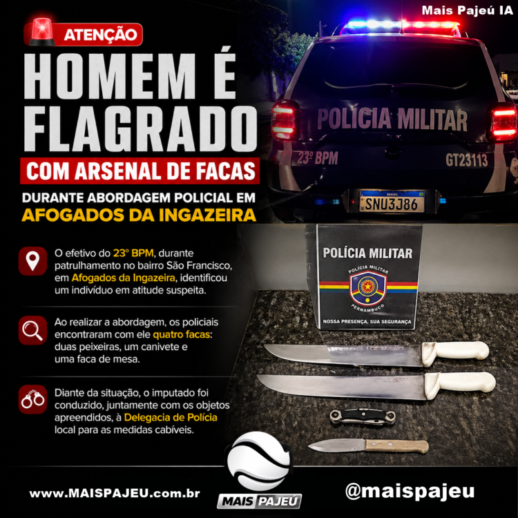 Homem é flagrado com arsenal de facas durante abordagem policial em Afogados da Ingazeira