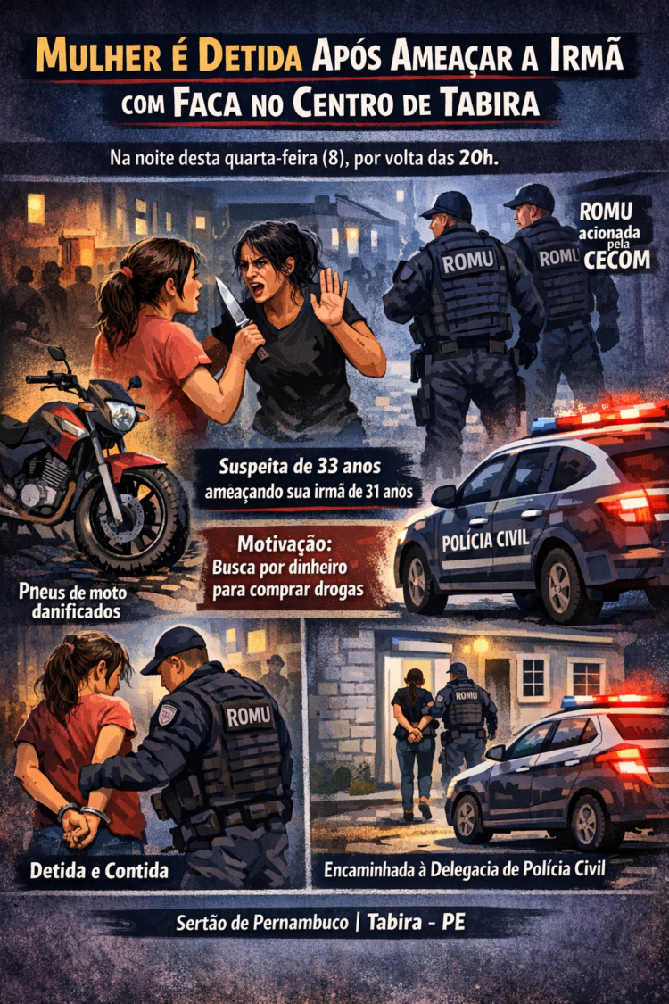 Mulher é detida após ameaçar irmã com faca no Centro de Tabira