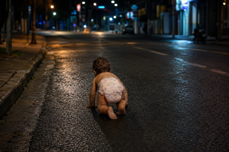 Bebê é encontrado engatinhando sozinho em avenida durante a madrugada; mãe tinha saído para uma festa