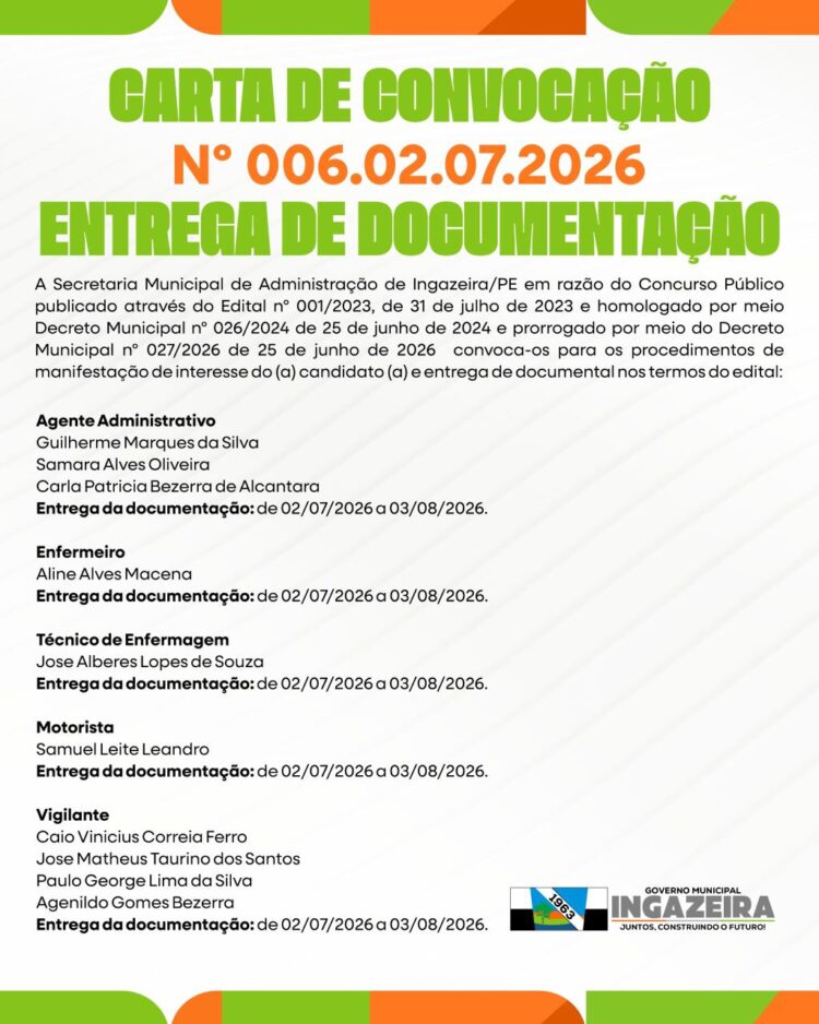 Prefeitura de Ingazeira convoca aprovados em concurso público de 2023