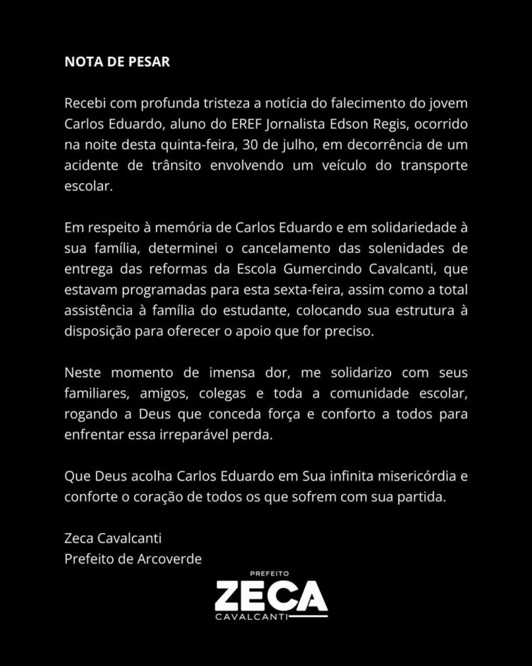 Zeca presta solidariedade e suspende inauguração após morte de estudante em Arcoverde