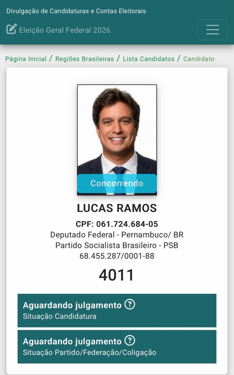 Eleições 2026: Pedido de registro de candidatura de Lucas Ramos à reeleição para a Câmara dos Deputados é protocolado na Justiça Eleitoral